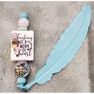 Teaching Is A Work Of Heart Teacher Beaded Bookmark Blue Feather‎